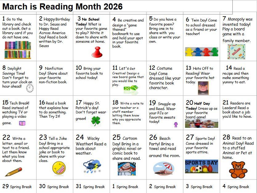 Calendar for March is Reading Month