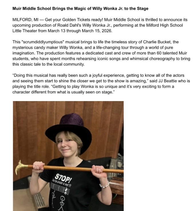 Get your tickets for Willie Wonka Jr. this weekend! #wearemuir