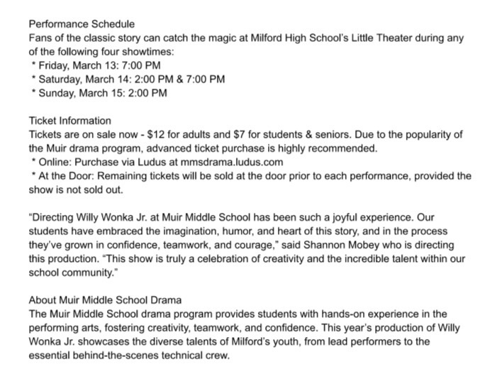 Get your tickets for Willie Wonka Jr. this weekend! #wearemuir