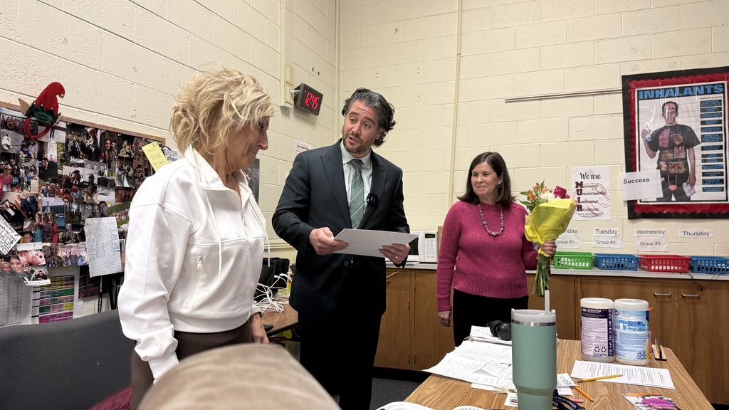 HVS Middle School Teacher of the Year, Roberta Diacono being honored in her classroom