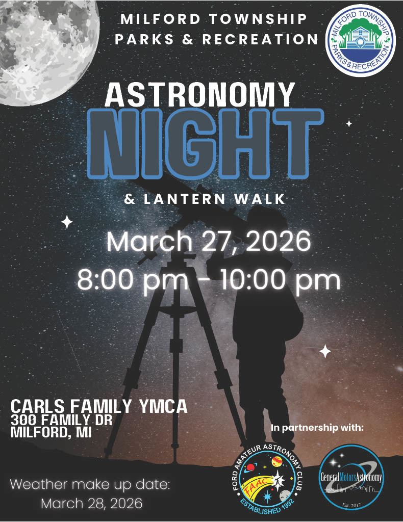 GFX to promote astronomy night event in Milford, march 27th at Carl's Family YMCA
