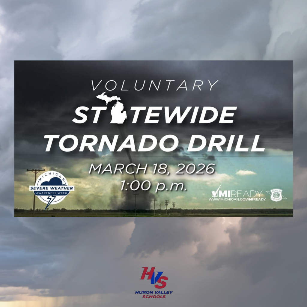 Graphic promoting a statewide tornado drill being held march 18th at 1pm.