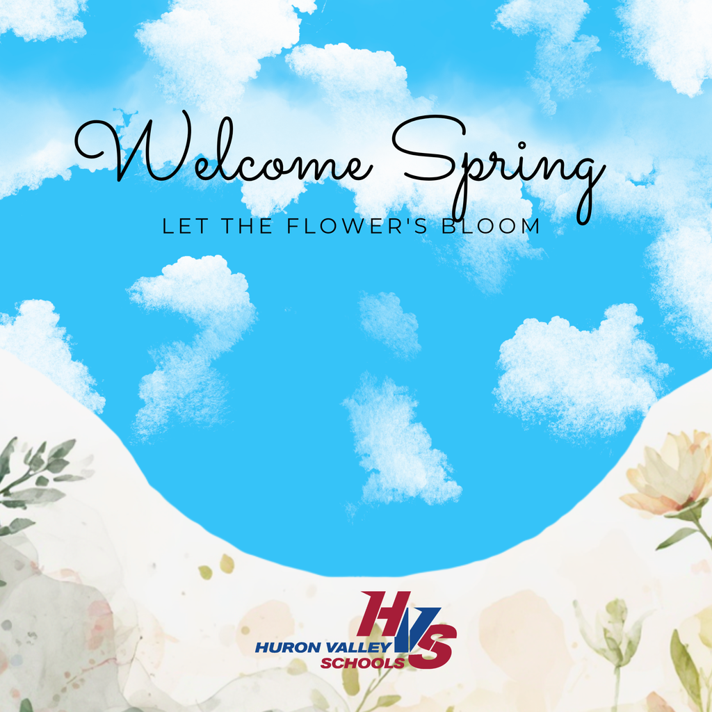 Image of clouds, blue sky and some flowers with the words ' welcome spring, let the flowers bloom'