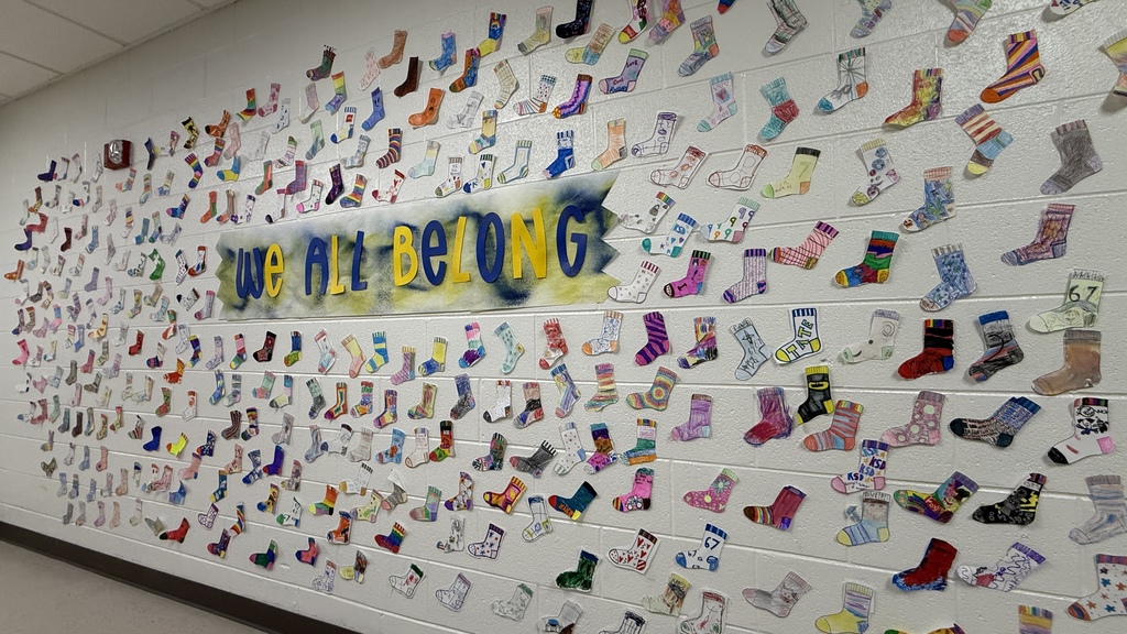 Picture of wall with dozens of different colored socks hanging to celebrate differences & reads " we all belong"