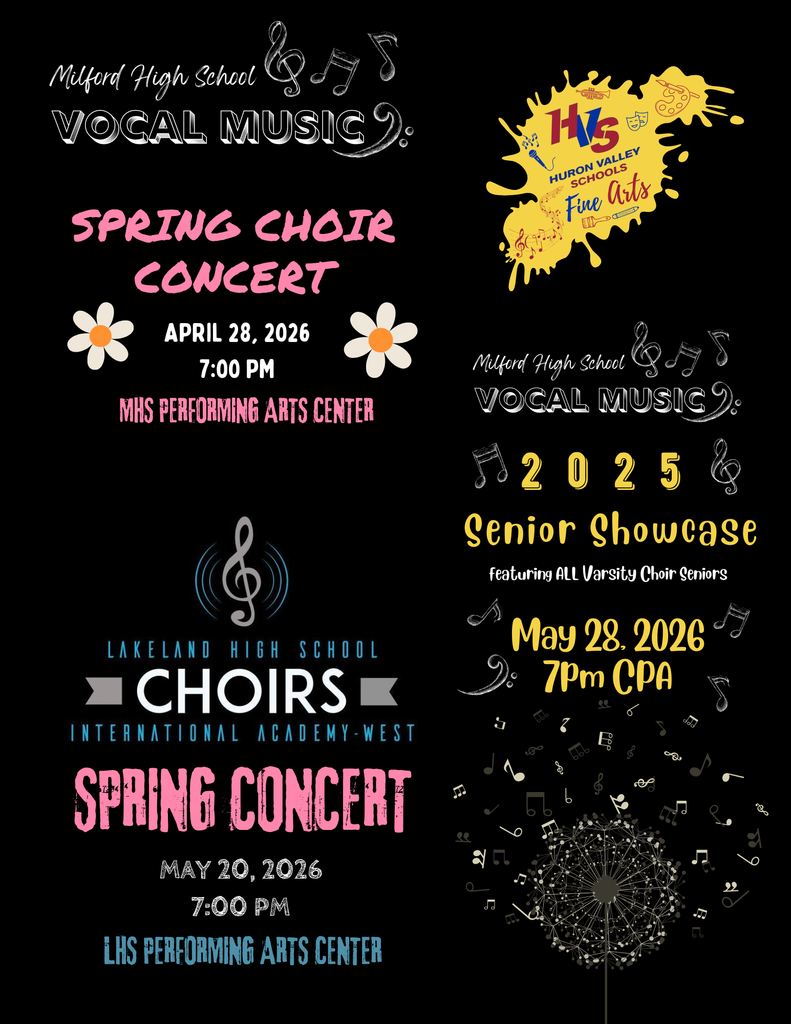 Graphic promoting Milford Spring Choir Vocal Music and Spring Choir Concerts