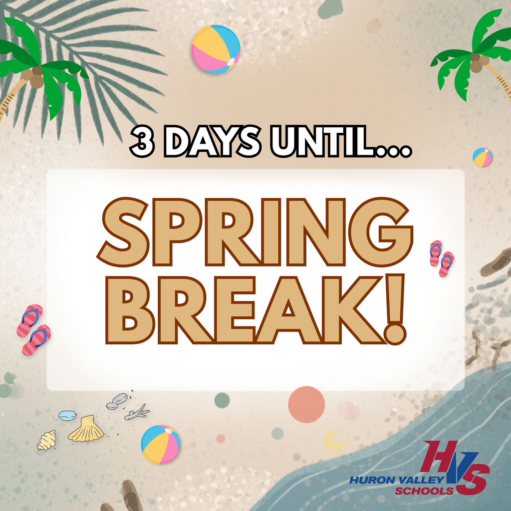 graphic of sandy beach with palm trees reading "3 days until spring break"