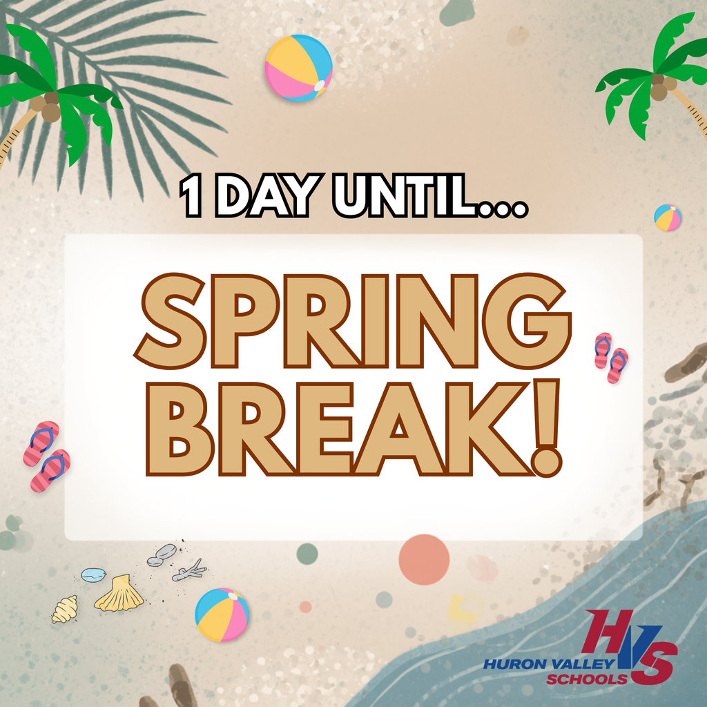 graphic of sandy beach with palm trees reading "1 day until spring break"