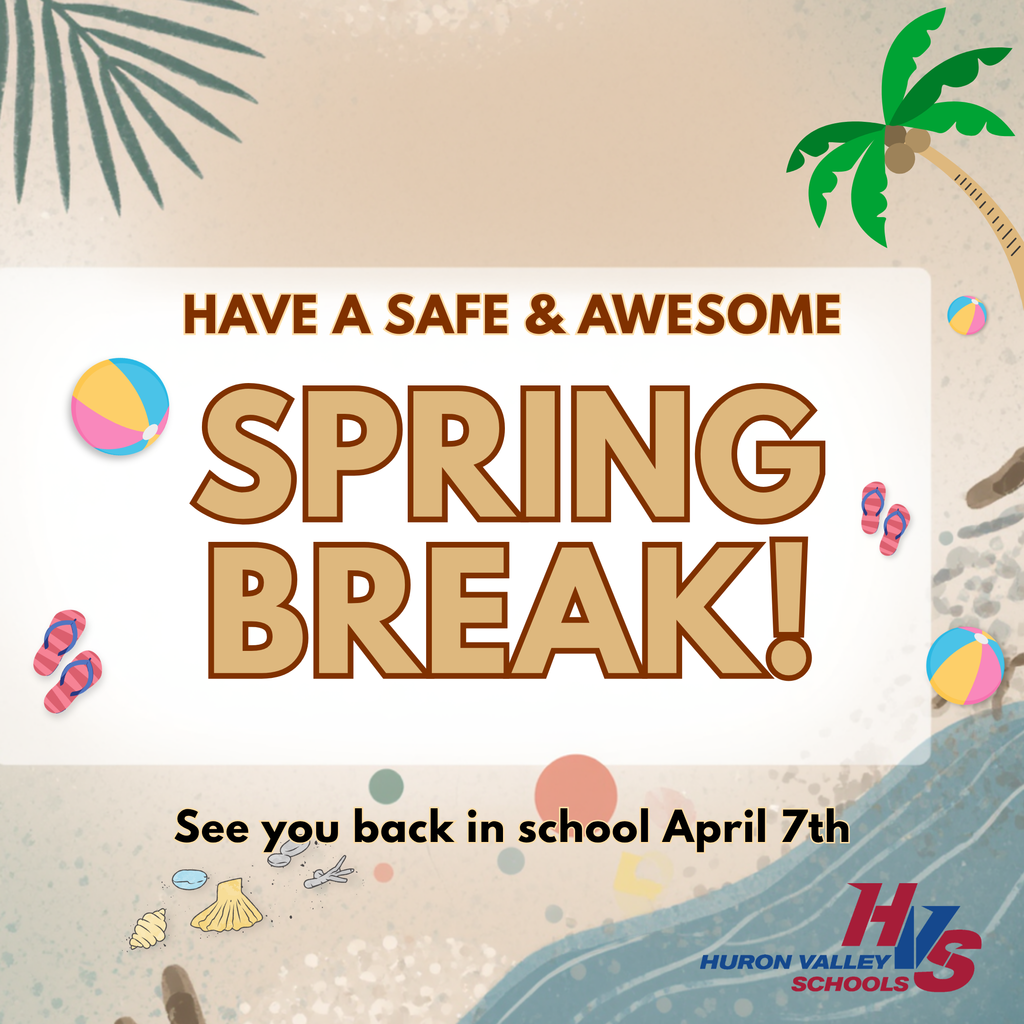 Image of tropical beach with palm trees, water, sea shells, beach balls & flip flops that reads "have a safe an awesome spring break!"