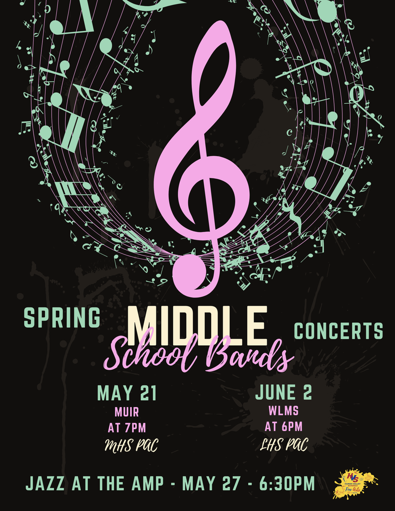 gfs with musical note that reads 'middle school bands spring concerts may 21 at muir and june 2 at white lake ms."