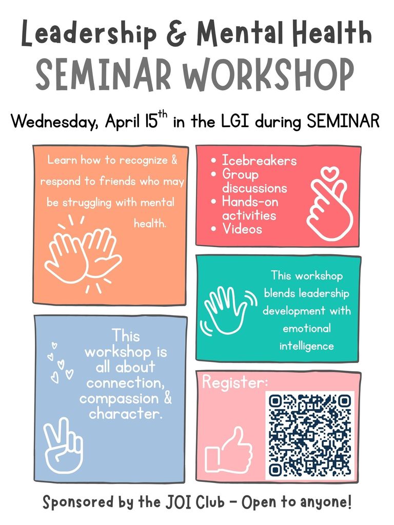 The JOI club is bringing in a speaker to work with students on managing stress. This is a great opportunity for many of our students, in particular our juniors (scheduled just before their big testing day). Please encourage your students to sign up ahead of time or report to the LGI tomorrow and sign in. Our presenter is excellent and does a good job getting kids involved. 