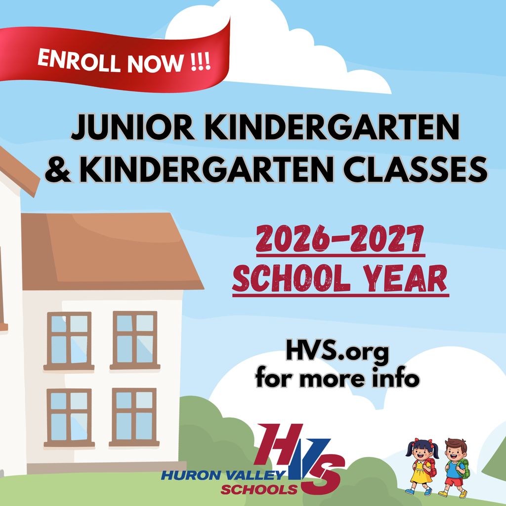 GFX OF SCHOOL building, kids walking up to it with the words.. JUNIOR KINDERGARTEN & KINDERGARTEN CLASSES.. 2026-2027 school year...enroll at  hvs.org