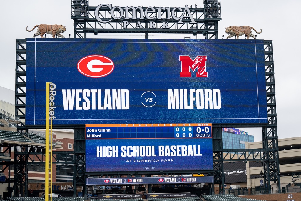 photo of scoreboard at comerica park showing westland Vs. Milford in graphics 