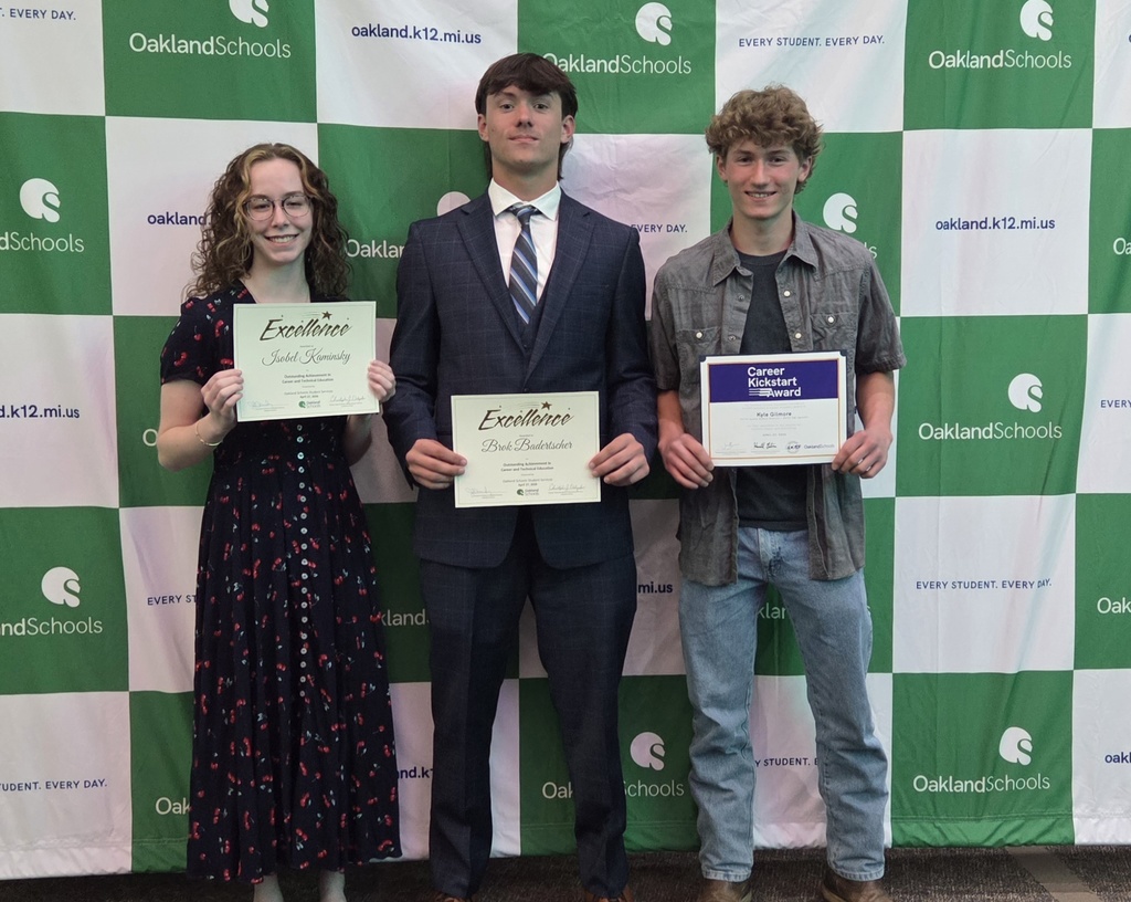 HVS student Isobel Kaminsky, Brok Badertscher &  Kyle Gilmore holding certificates for being recognized as outstanding CTE students
