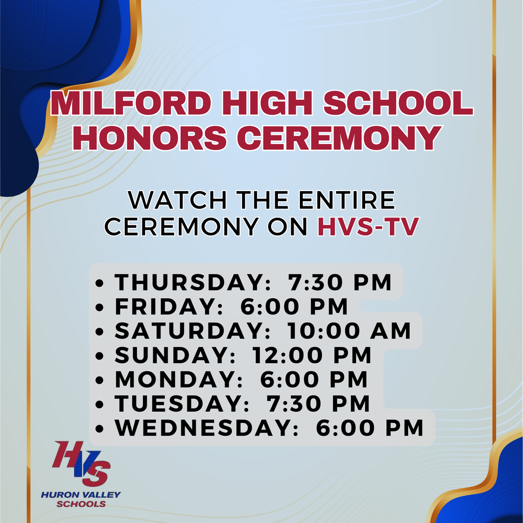 Gfx promoting when you can watch the mhs honors ceremomny on hvs-tv .. Thursday: 7:30 pm Friday: 6:00 pm Saturday: 10:00 am Sunday: 12:00 pm Monday: 6:00 pm Tuesday: 7:30 pm wednesday: 6:00 pm