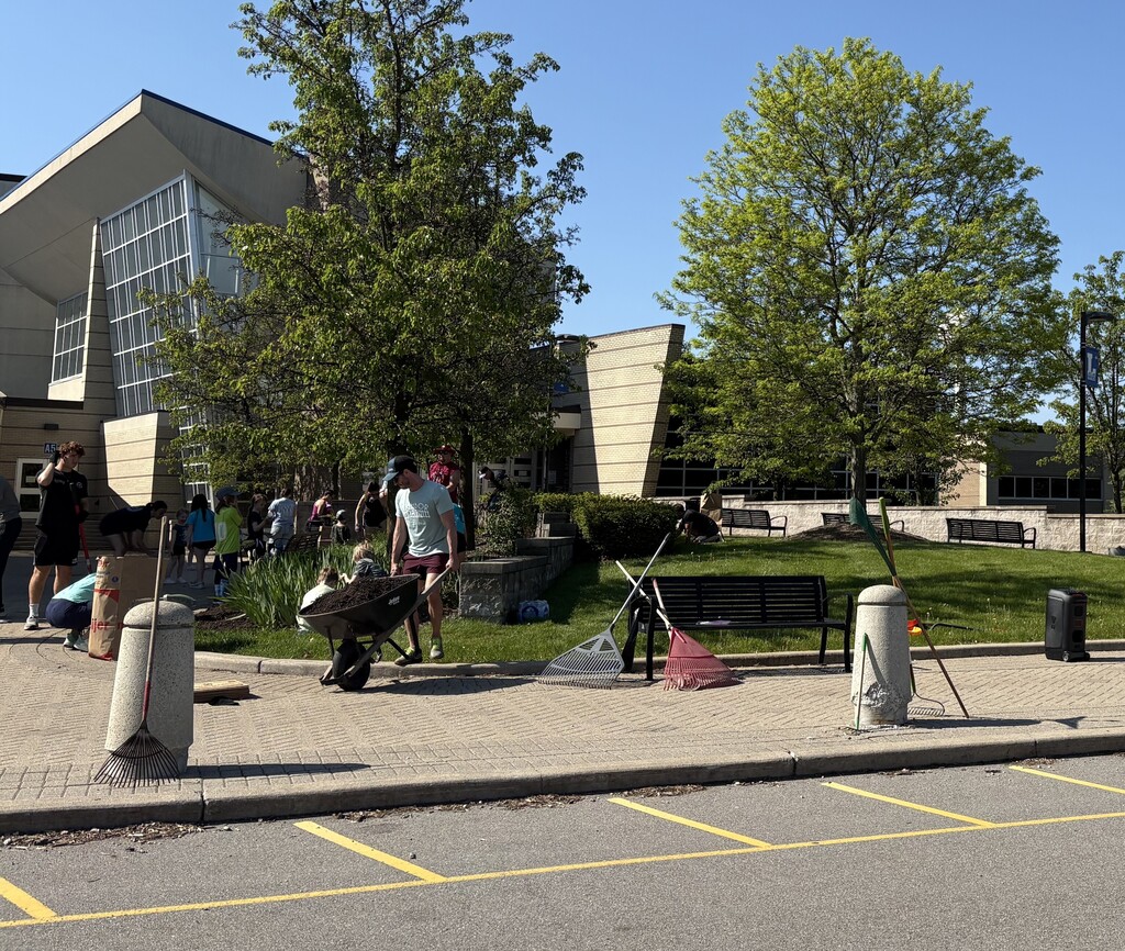 People using wheel barrels to halp clean up outside school