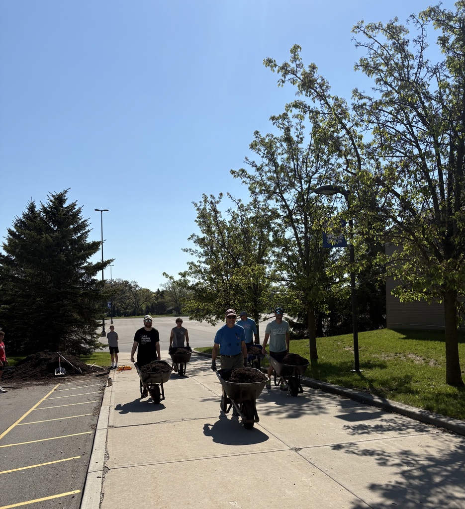 People using wheel barrels to halp clean up outside school
