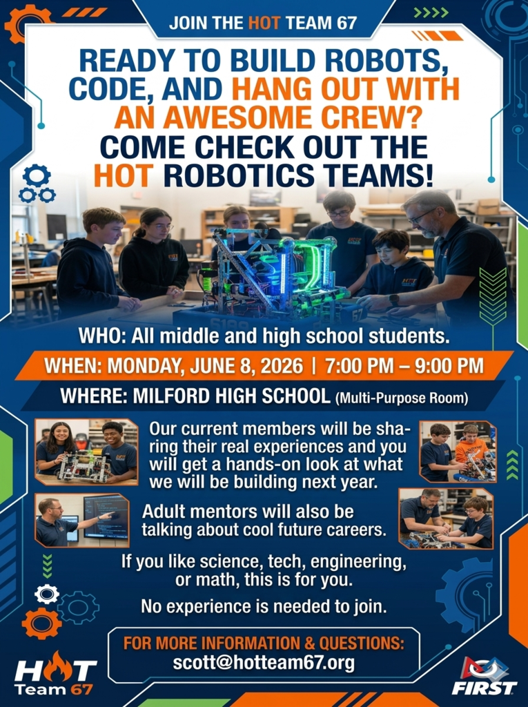 Join the HVS HOT Robotics team!! Come on out to the  June 8th start up meeting! See the flyer for more information!
