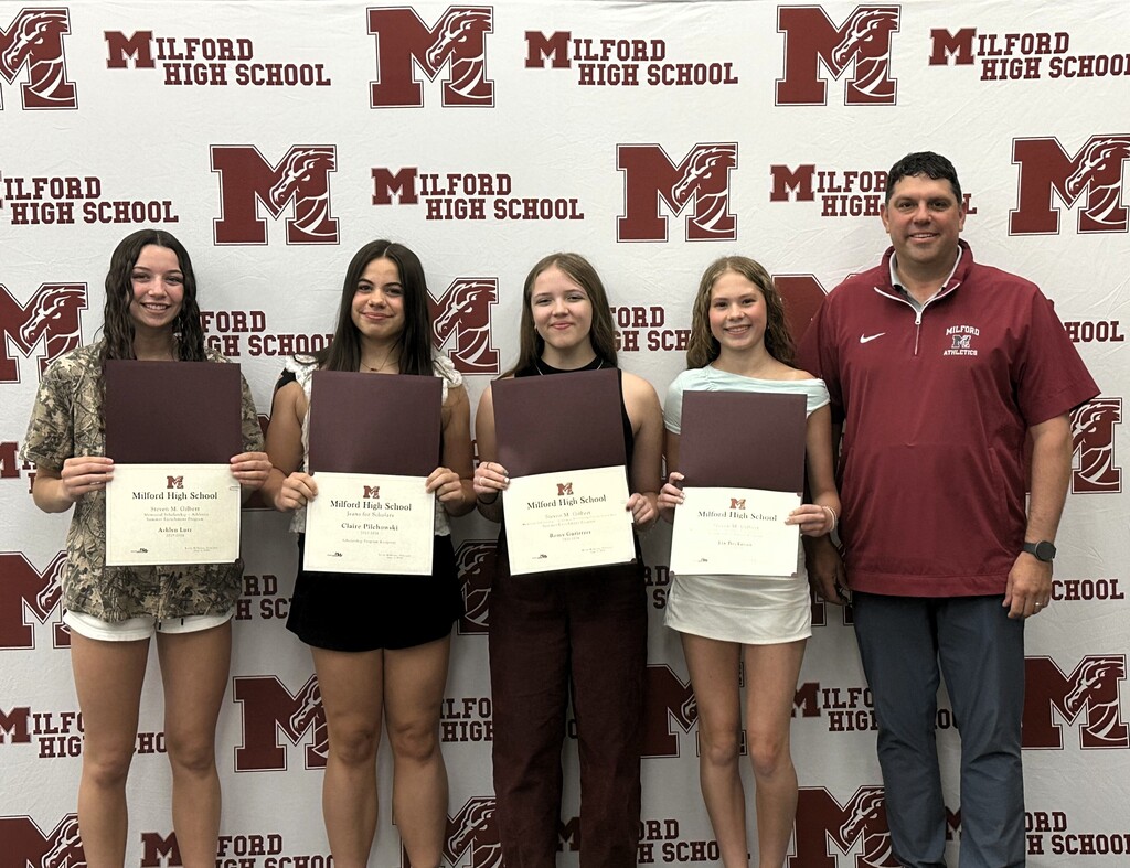 Ashlyn Lutz & Bryce Marszalek (not pictured) -- Steven M. Gilbert Athletic Scholarship; Claire Pilchowski -- Jeans for Scholars Award; Romy Gutierrez & Tia Beckman -- Steven M. Gilbert Performing Arts Scholarship