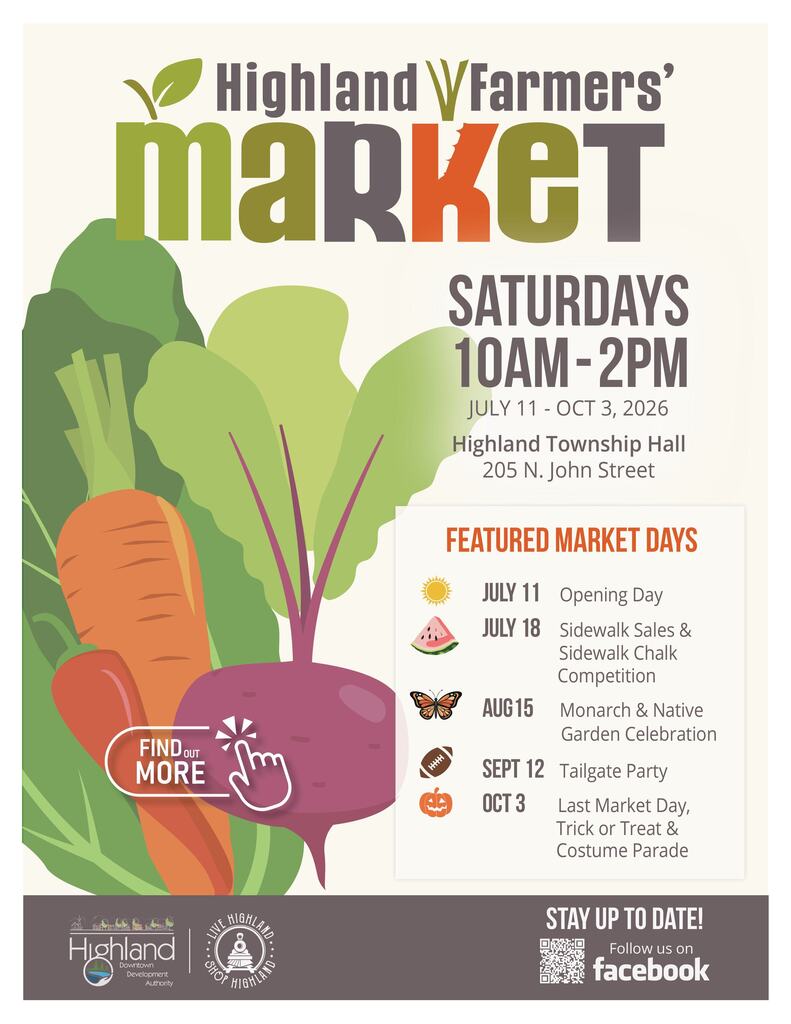 Gfx promoting farmers market in highland.. July 11, 18 & Aug. 15 & Sept 12 & Oct 3rd at Highland Twp. Hall