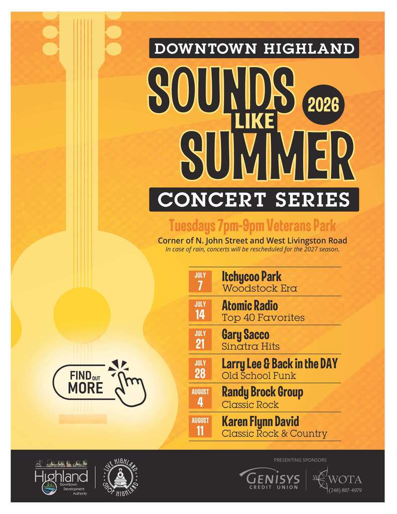 Gfx promoting summer concert series in highland.. july 7, 14, 21, 28 ... Aug 4 & Aug 11 at veterans park