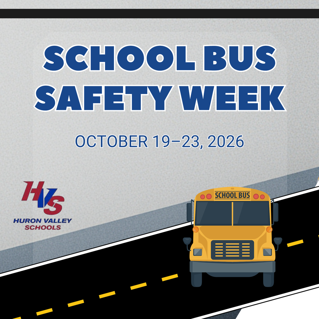 gfx with school bus images and a road that reads " School bus Safety Week"