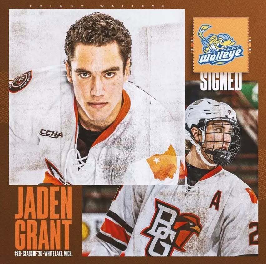 two photos of jaden grant in hockey uniform with his name written on graphic