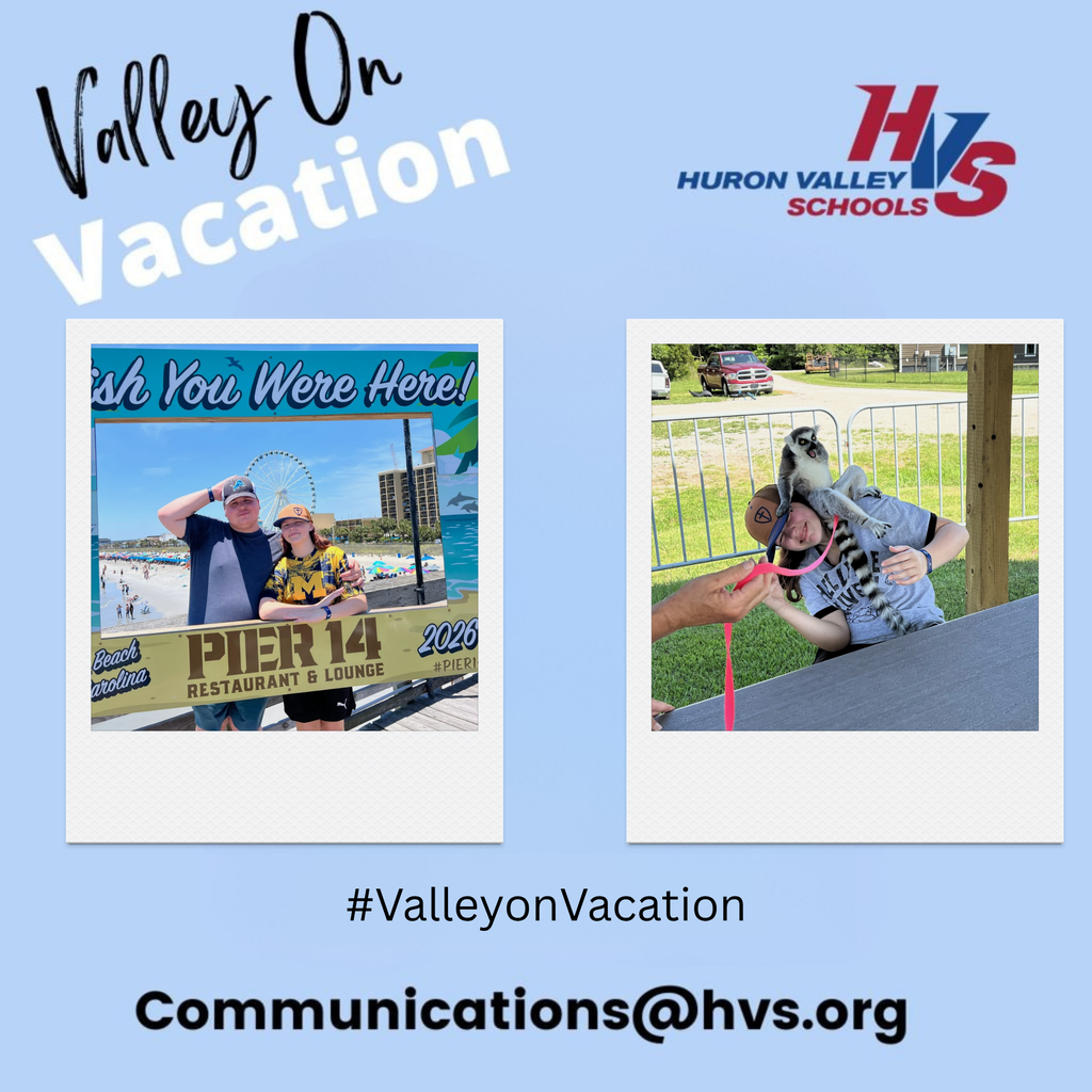 photos  about vacation on a graphic, one photo shows teens standing uinn front of a pier sign, the other show s a girl with an animal on her head