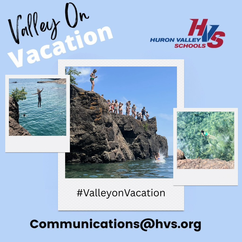 3 photos of girls jumping off a cliff into a lake, swimming on a graphics page that reads "valley on vacation"