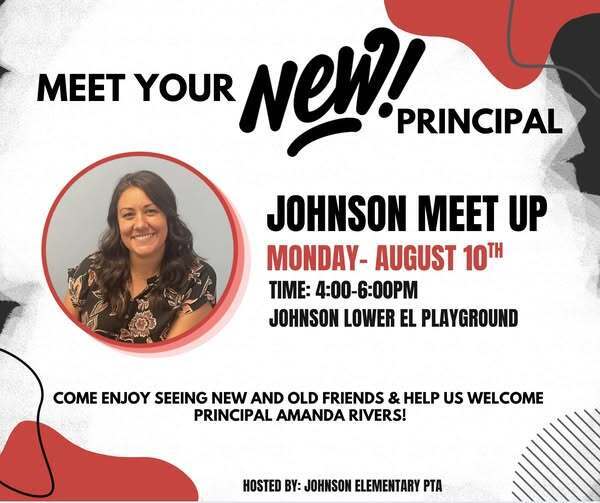 gfx with a woman's picture that reads " Johnson Elementary PTA n͏o͏r͏o͏s͏p͏t͏d͏S͏e͏7͏g͏0͏f͏l͏6͏  ͏ 6͏ t͏ l͏ u͏ P͏ 1͏a͏ 6͏ 4͏  ͏ u͏  ͏ :͏ c͏0͏2͏ s͏ u͏1͏ A͏ g͏ l͏ a͏ f͏1͏0͏ 2͏ l͏ t͏ 1͏ u͏m͏h͏f͏8͏ 5͏ 7͏  ͏ 0͏9͏ M͏ a͏6͏  · 🎉 Johnson Families-> You're Invited to Johnson's Meet Up MONDAY AUGUST 10! 🌞🛝🍧  Let's kick off the new school year together!  Join the Johnson PTA for a fun Playground Meet-Up where students can reconnect with friends, families can meet one another, and everyone can help us give a warm Johnson welcome to our new principal, Amanda Rivers! 💙  📅 Date: August 10th, Monday 🕒 Time: 4:00-6:00pm 📍 Location: Johnson Lower El Playground  ✨ Enjoy: 🍧 Free popsicles 👋 Meet our new principal 🤝 Connect with other Johnson families 🎉 Learn about the PTA and how to get involved 🛝 Plenty of playground fun for the kids!  Whether you're a returning family or new to Johnson, we'd love to see you there! Bring the kids, invite a friend, and help us start the school year by building connections and community.  We can't wait to see you on the playground!  #JohnsonElementary #JohnsonPTA #BackToSchool #MeetThePrincipal #JaguarPride See less"