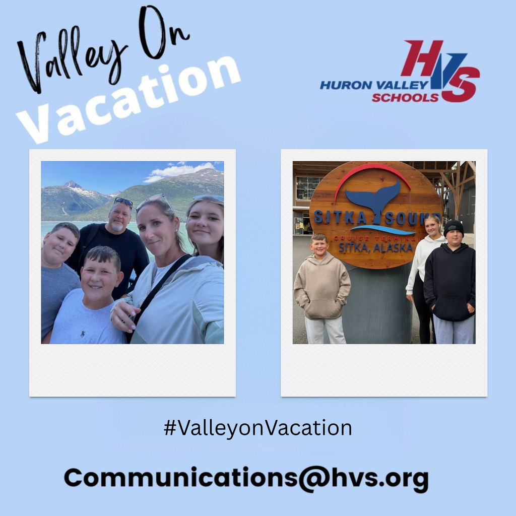 Photo of family of 5 posing in front of mountain range & photo of three kids smiling in front of Alaska sign