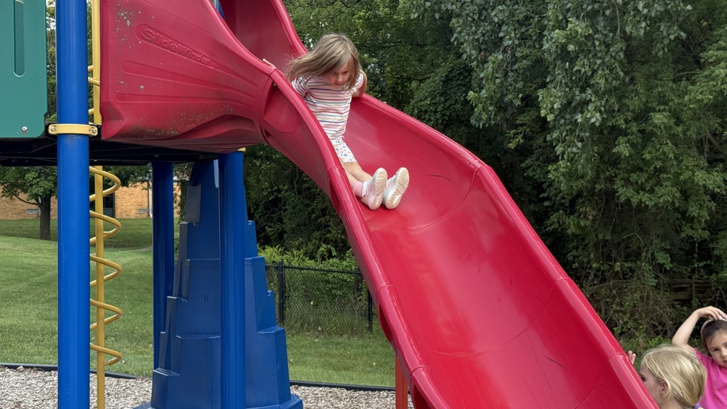 little girl sliding fown a slide at an outdoor playground