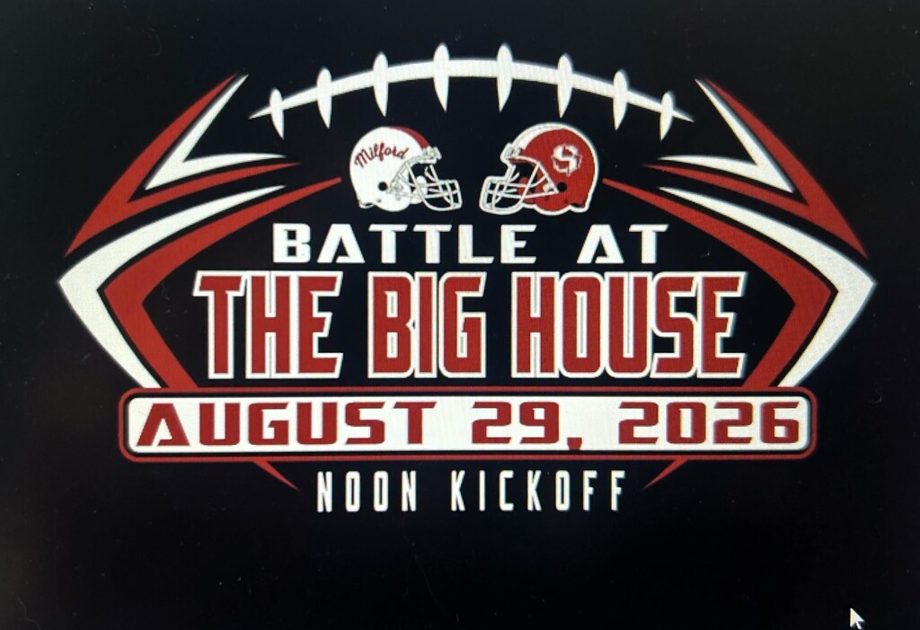 graphic with two football team helmets that reads "battle at the big house, august 20, 2026"