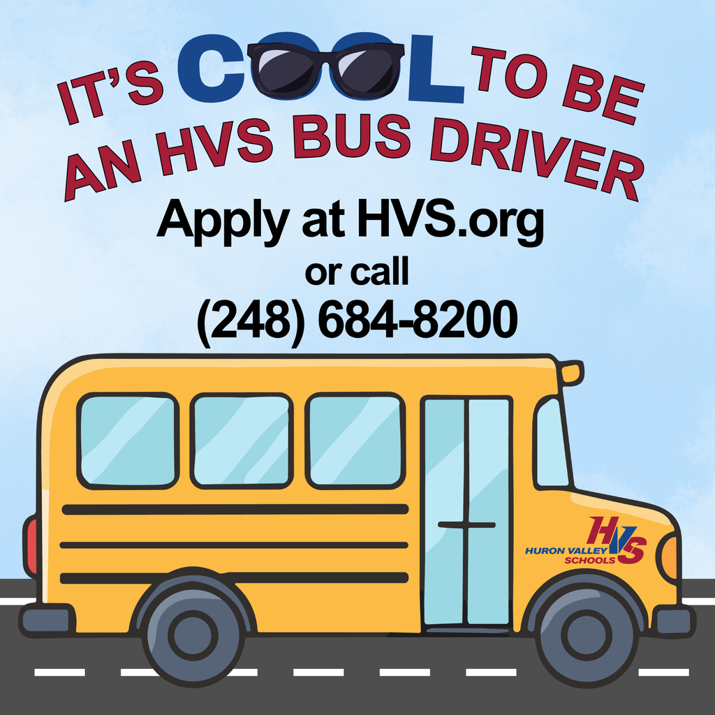 graphic of school buss with the words "it's cool to be an hvs bus driver"