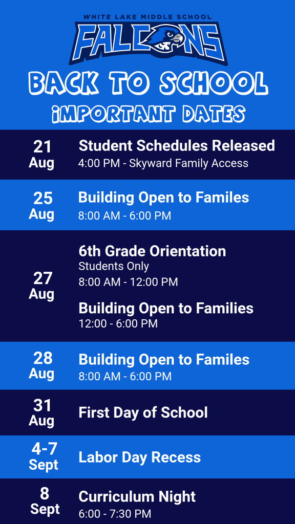 List of important dates included schedule release date, building open dates, first day of school and Curriculum Night