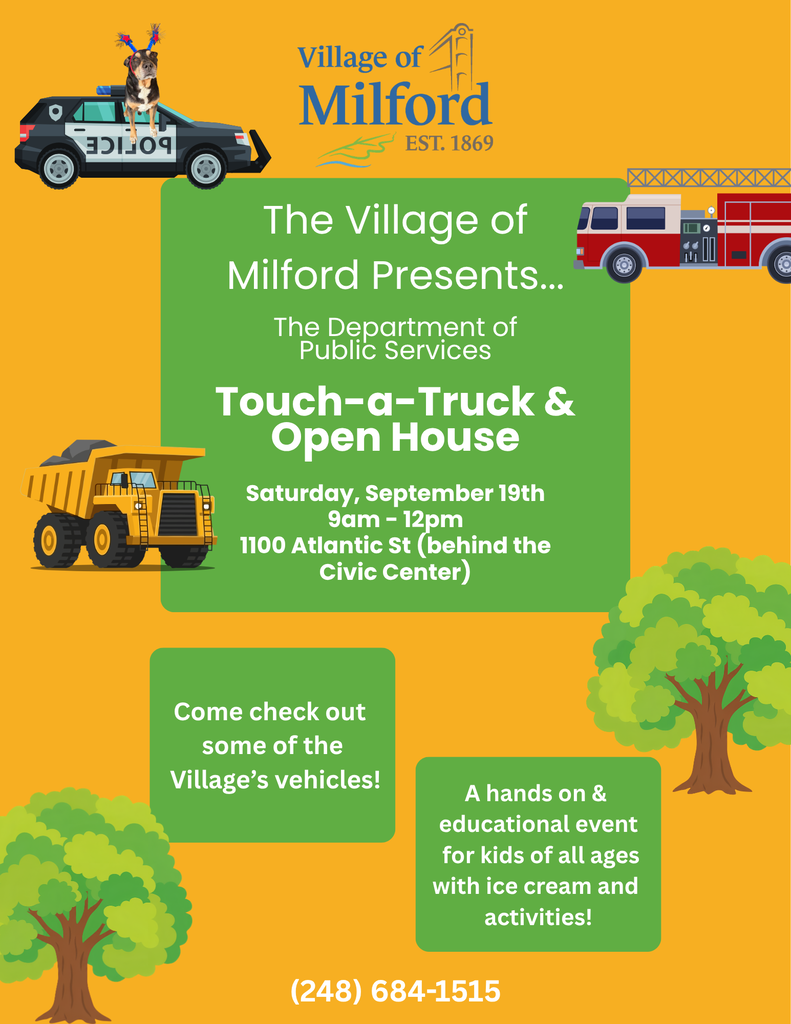 graphic with police, car dump truck and fire truck that reads :"Village's Department of Public Services' Open House and Touch-a-Truck event sept. 19th"