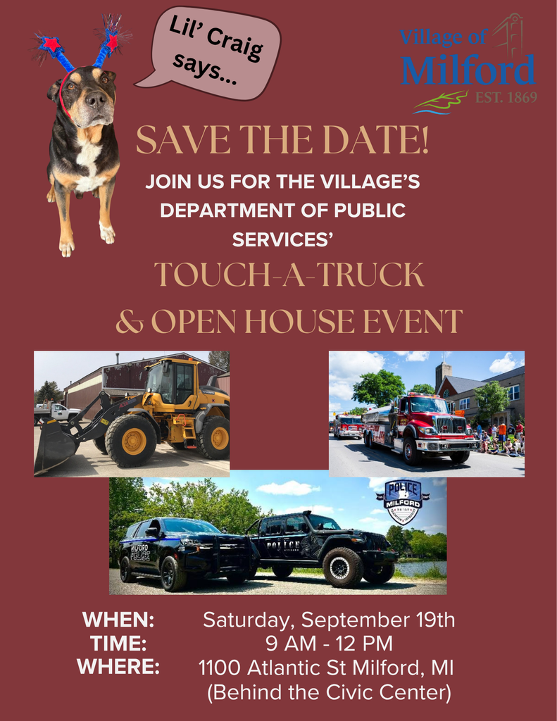 graphic with police, car dump truck and fire truck that reads :"Village's Department of Public Services' Open House and Touch-a-Truck event sept. 19th"