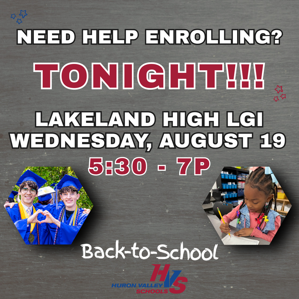 GRAPHIC with grey background, photo of two boy grafuates in cap and gown, photo of girl writing while sitting at desk and font that reads "Lakeland High LGI WEDNESDAY, August 19 "