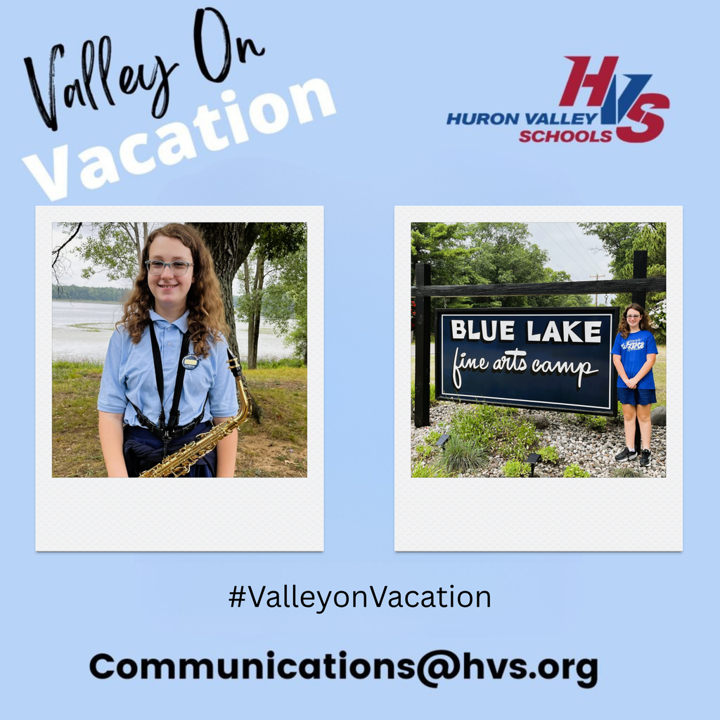 graphic with two photos... one of a girl with a saxophone around her neck at a lake, the other a photo of the same girl standing next to a sign that reads "Blue lake fine arts camp"