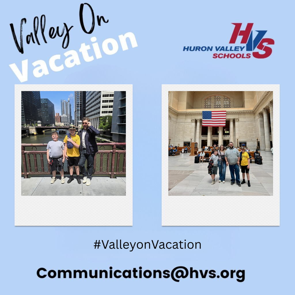 2 photos... one of a man & two kids standing in front of a river in a city. The 2nd photo is two adults and 2 children standing in a building lobby, with an american flag hanging behind them
