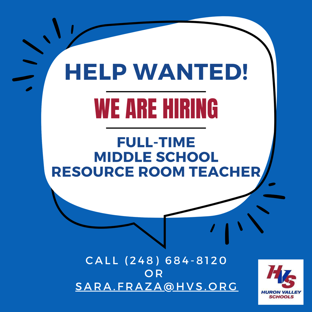 Blue graphic that reads "Help wanted - Full-Time Middle School resource Room Teacher"