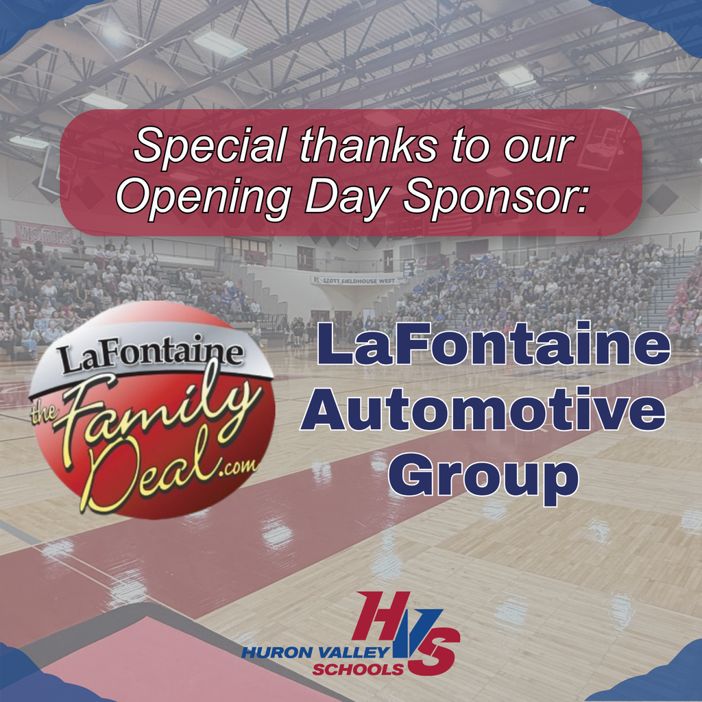 graphic with background as a gym full of people with the words "Special thanks to our Opening Day Sponsor: LaFontaine Automotive Group