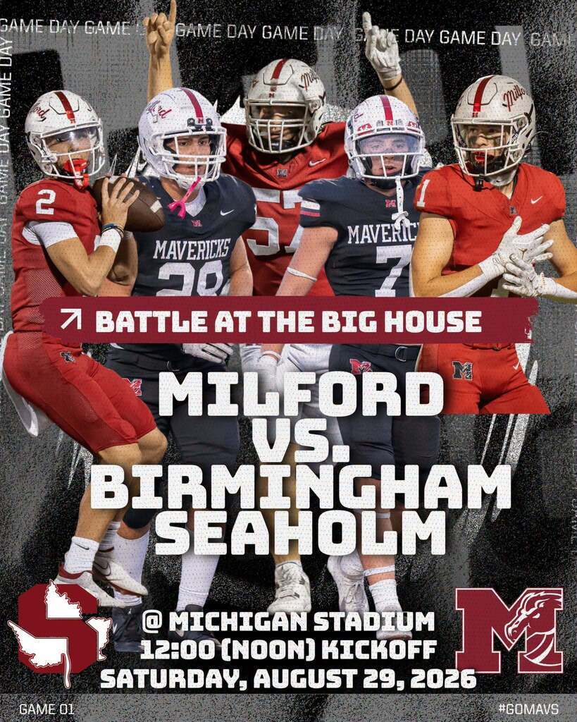 graphic with several milford football players that reads "battle at the big house, august 20, 2026 Milford vs. Birmingham Seaholm"