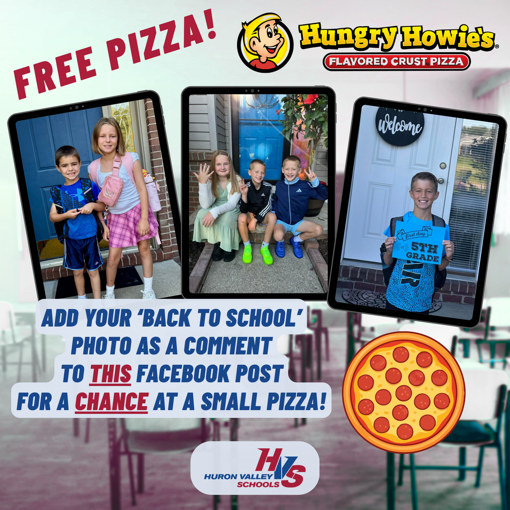 Graphic with three photos of kids posing for pix on the first day of school   that reads "Add your ‘back to school’ photo as a comment to this facebook post for a chance at a small pizza!"