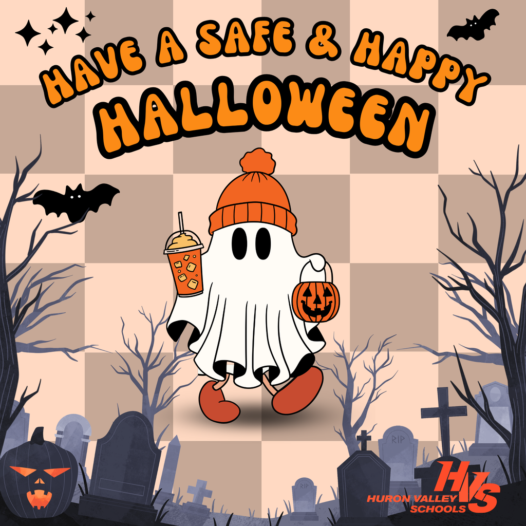 gfx with a ghost and spooky forest with the words "happy halloween"