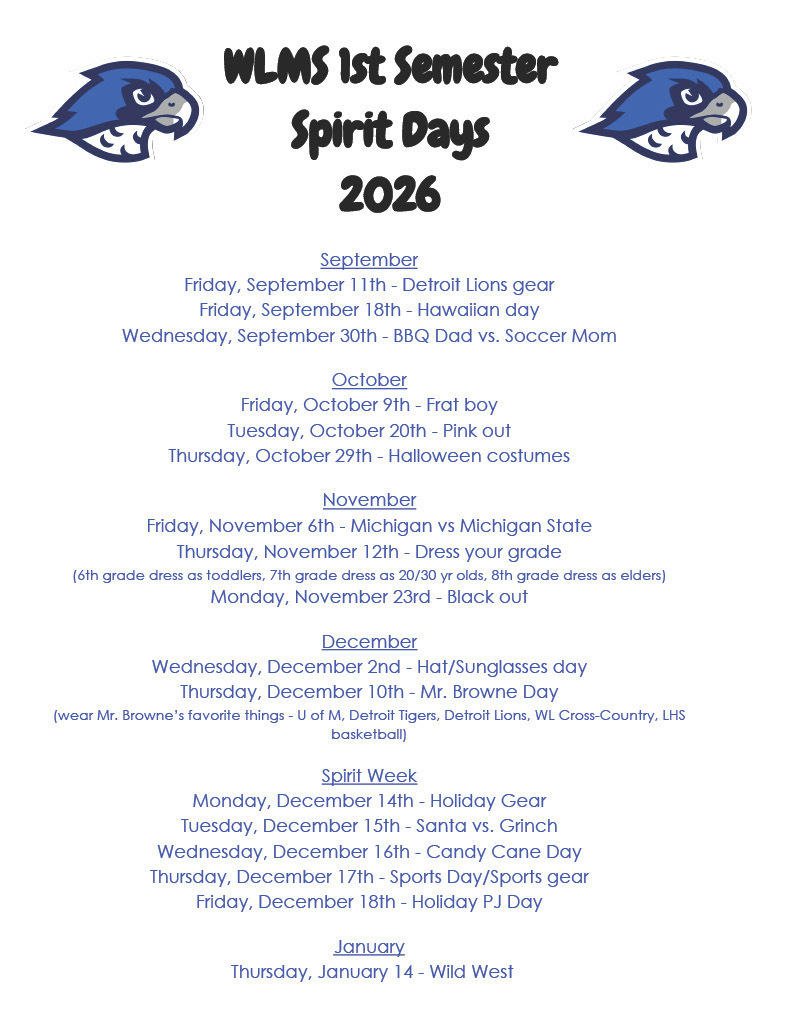 WLMS Semester One Spirit Day List