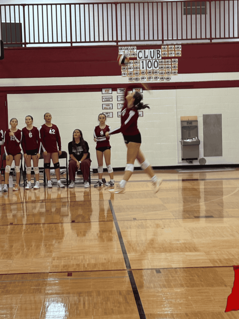 A volleyball player in a maroon long-sleeve jersey jumps into the air to serve a volleyball across a gymnasium court while teammates watch from the sideline.