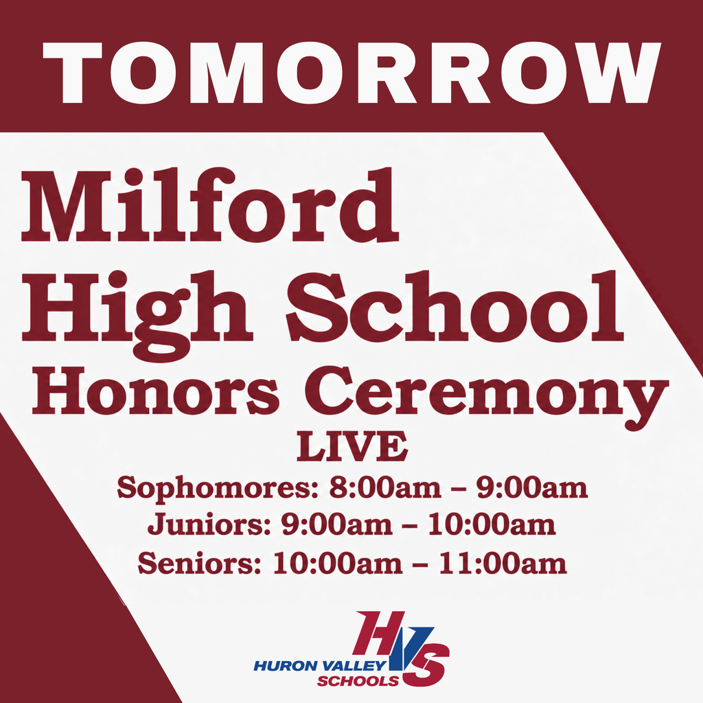 red & white gfx that reads " Milford high school honors ceremony live tomorrow "