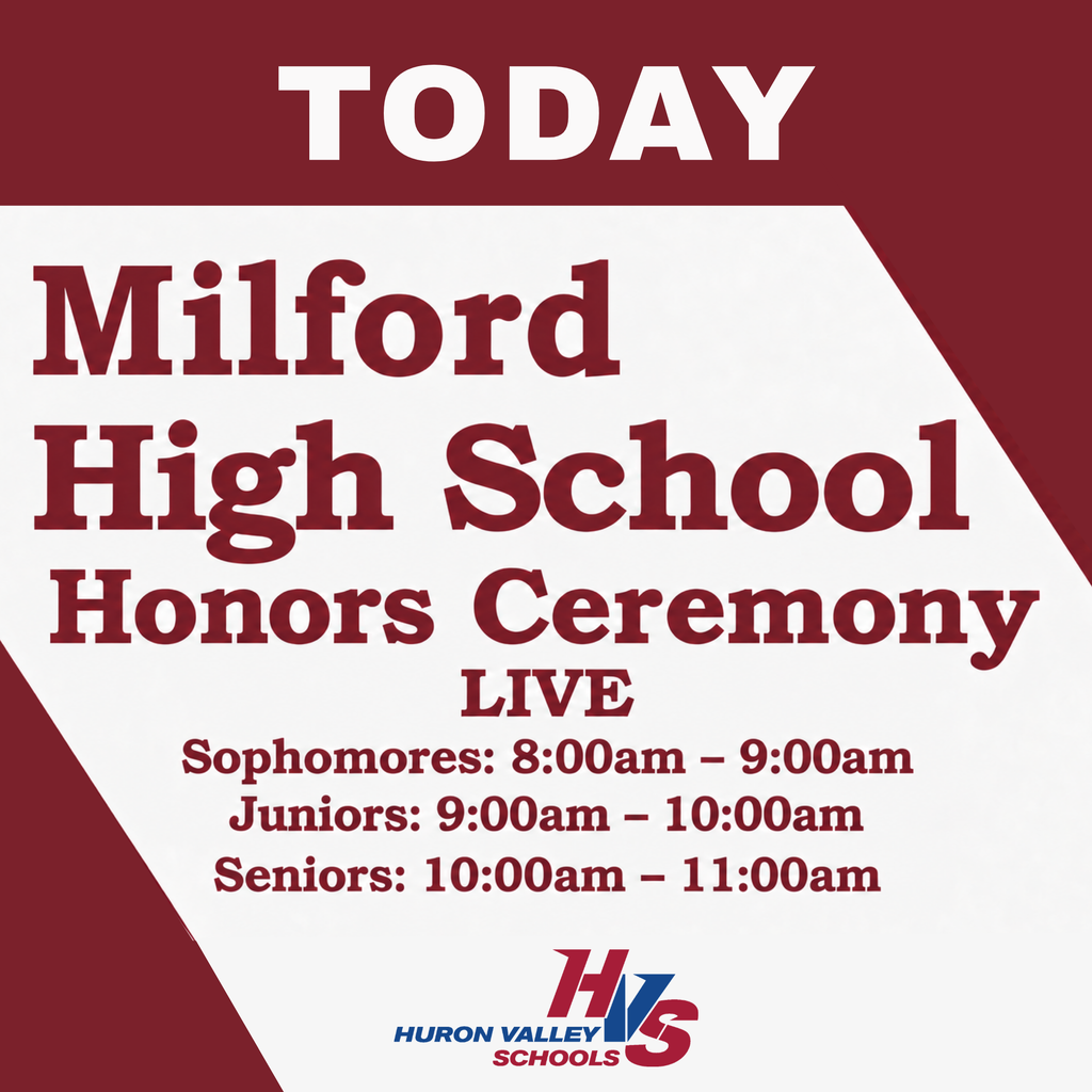 red & white gfx that reads " Milford high school honors ceremony live tomorrow "