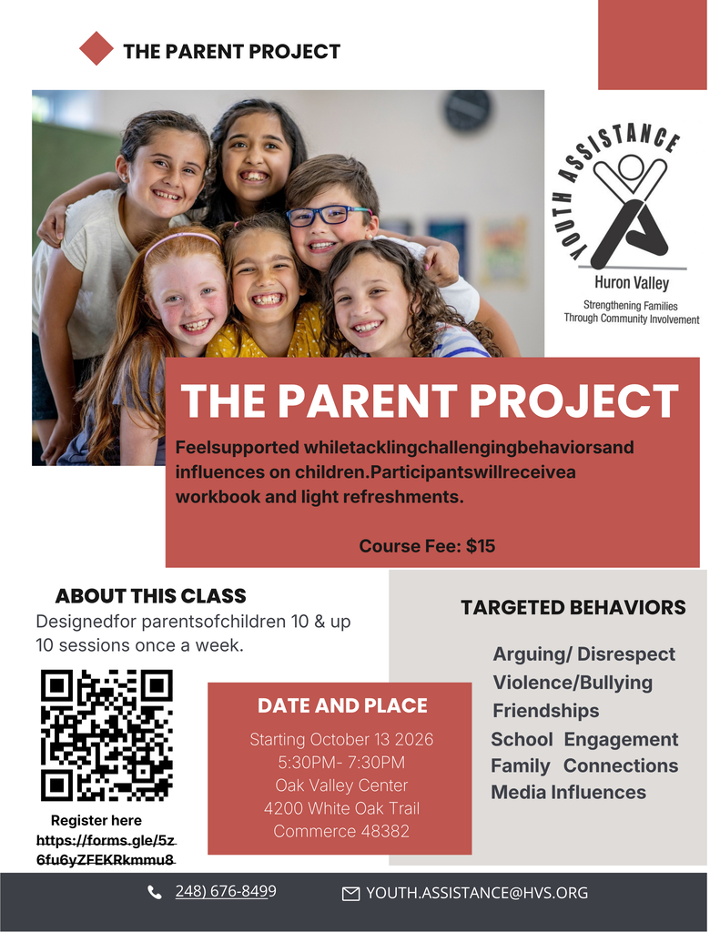 Graphic with children smiling that reads" Looking for support navigating some of the challenges that come with parenting children age 10 and up? The Parent Project is designed to help families tackle challenging behaviors and influences, including arguing and disrespect, bullying, friendships, school engagement and media influences. The 10-week program begins October 13, 2026, from 5:30–7:30 p.m. at Oak Valley Center. Participants receive a workbook and light refreshments. The course fee is $15. 📞 For more information, contact Family Connections at 248-676-8499."