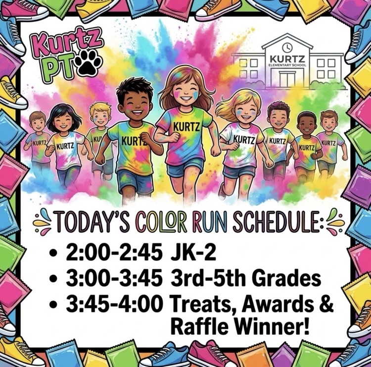 today’s color run schedule 2-2:45 jk-2 3-3:45 3-5 3:45-4 treats and winners!